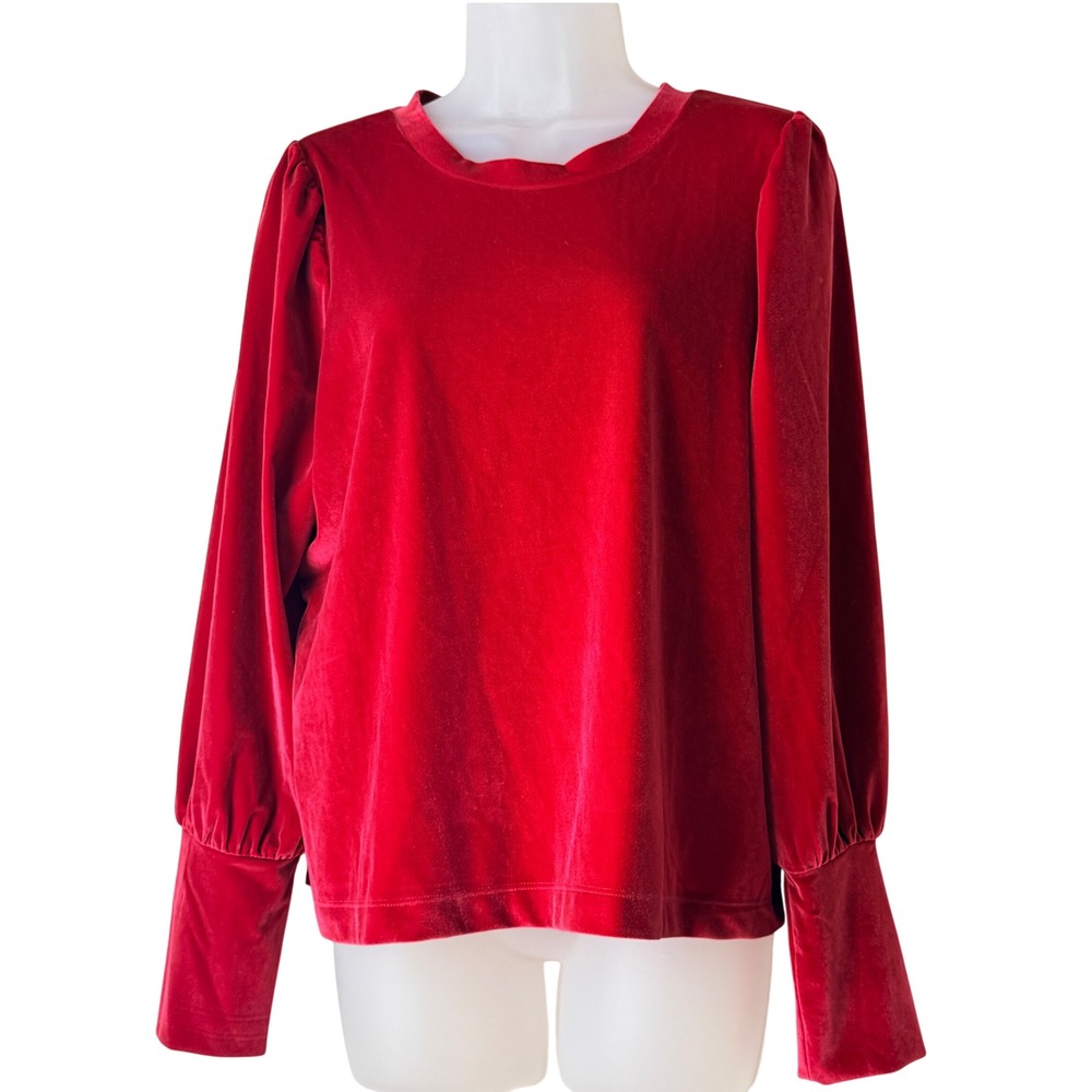 LOFT Red Velvet Puff Long Sleeve Blouse Crew Neck Holiday Party Romantic Sz M